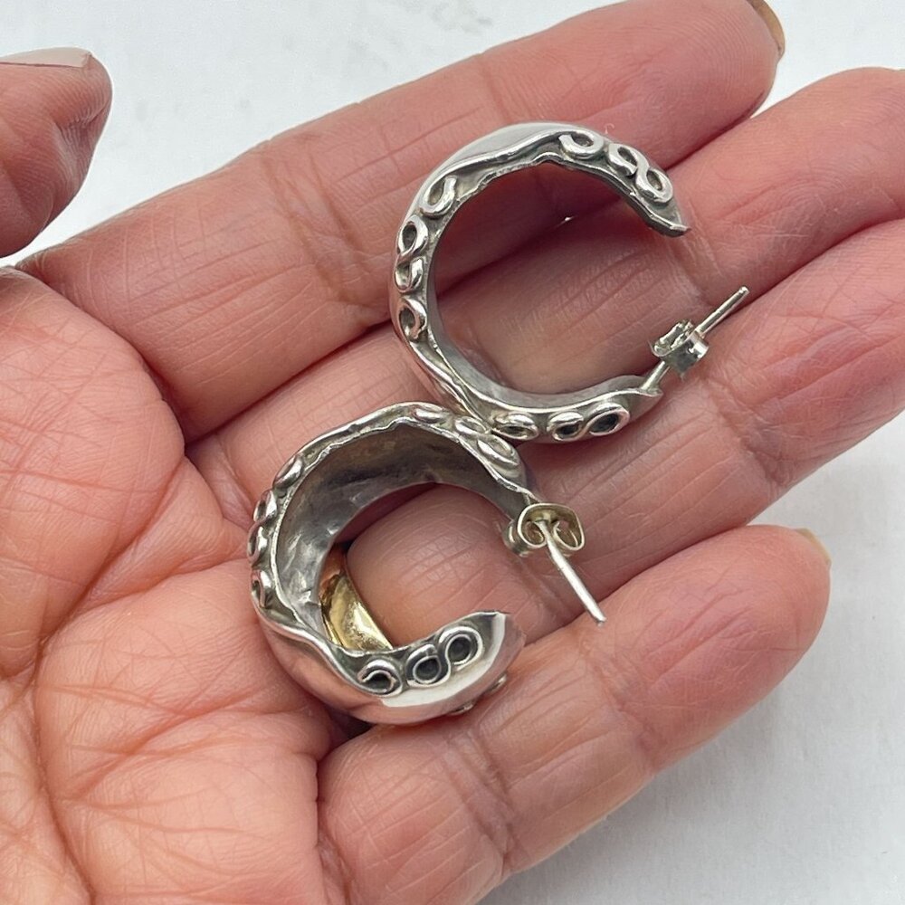 Vintage Sterling Silver Half Hoop Earrings With Intricate Swirl Design - Picture 7 of 8